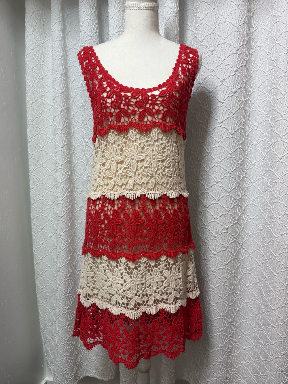 Solitaire Red and Cream Crochet Tiered Dress